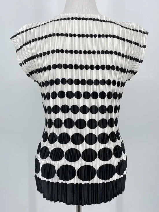 Vintage Black White Polka Dot Plisse Pleated Top Cap Sleeve Mod Op-Art - Picture 3 of 8